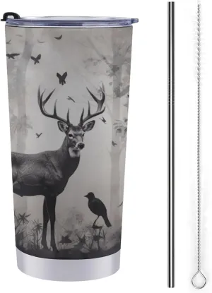20oz BPA-Free 304 Stainless Steel Double Wall Insulated Travel Mug Hunting Silhouette of Deer Printed with Leak-Proof Lid & Straw, Car Cup Holder Friendly Coffee Tumbler for Hot/Cold Drinks
