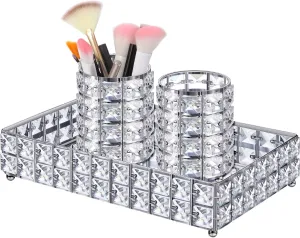 3 Pieces Crystal Makeup Brush Holder Organizer Vanity Makeup Tray Set, 2 Pcs Crystal Bling Cosmetics Brushes Cup 1 Storage Jewelry Trinket Tray Bathroom Sink Vanity Trays, 11.81 x 7.87 x 2.76 Inch