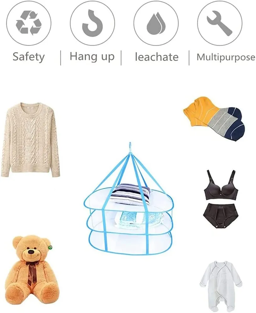 3-Tier Portable Mesh Clothes Hanging Dryer, Foldable Sweater Drying Rack, Collapsible Hanging Laundry Rack