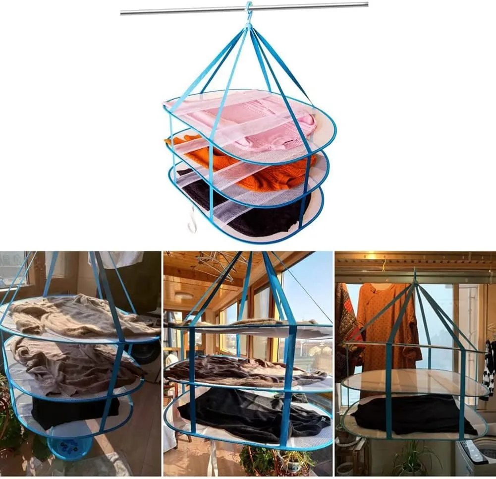 3-Tier Portable Mesh Clothes Hanging Dryer, Foldable Sweater Drying Rack, Collapsible Hanging Laundry Rack