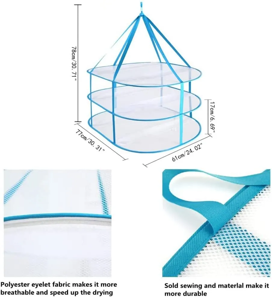 3-Tier Portable Mesh Clothes Hanging Dryer, Foldable Sweater Drying Rack, Collapsible Hanging Laundry Rack