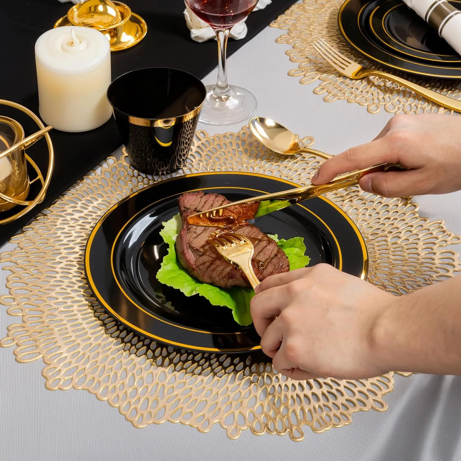 350 Pieces Black and Gold Plastic Plates with Disposable Silverware, Include 50 Dinner Plates 9”, 50 Dessert Plates 6.3”, 50 Black Cups 9 OZ, 50 Pre Rolled Napkins for new year