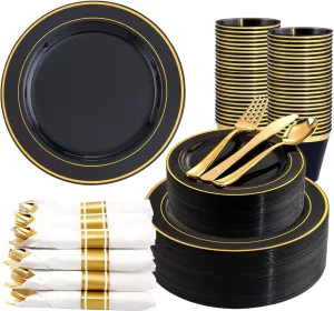 350 Pieces Black and Gold Plastic Plates with Disposable Silverware, Include 50 Dinner Plates 9”, 50 Dessert Plates 6.3”, 50 Black Cups 9 OZ, 50 Pre Rolled Napkins for new year