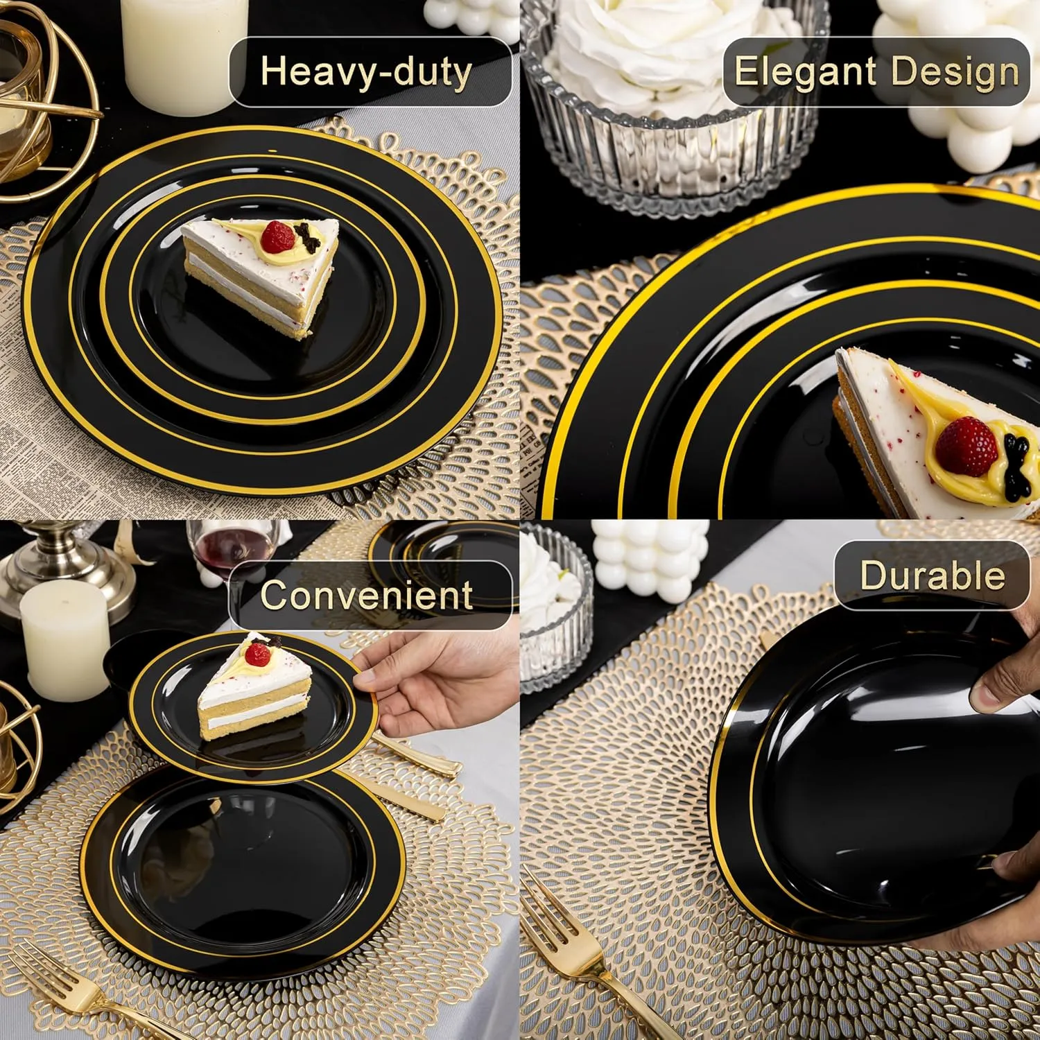350 Pieces Black and Gold Plastic Plates with Disposable Silverware, Include 50 Dinner Plates 9”, 50 Dessert Plates 6.3”, 50 Black Cups 9 OZ, 50 Pre Rolled Napkins for new year