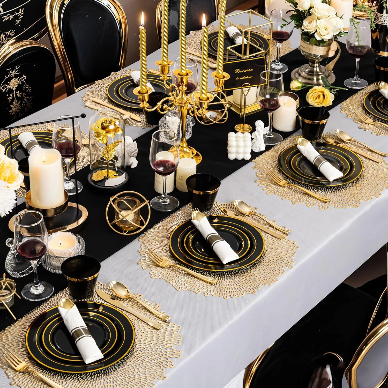 350 Pieces Black and Gold Plastic Plates with Disposable Silverware, Include 50 Dinner Plates 9”, 50 Dessert Plates 6.3”, 50 Black Cups 9 OZ, 50 Pre Rolled Napkins for new year