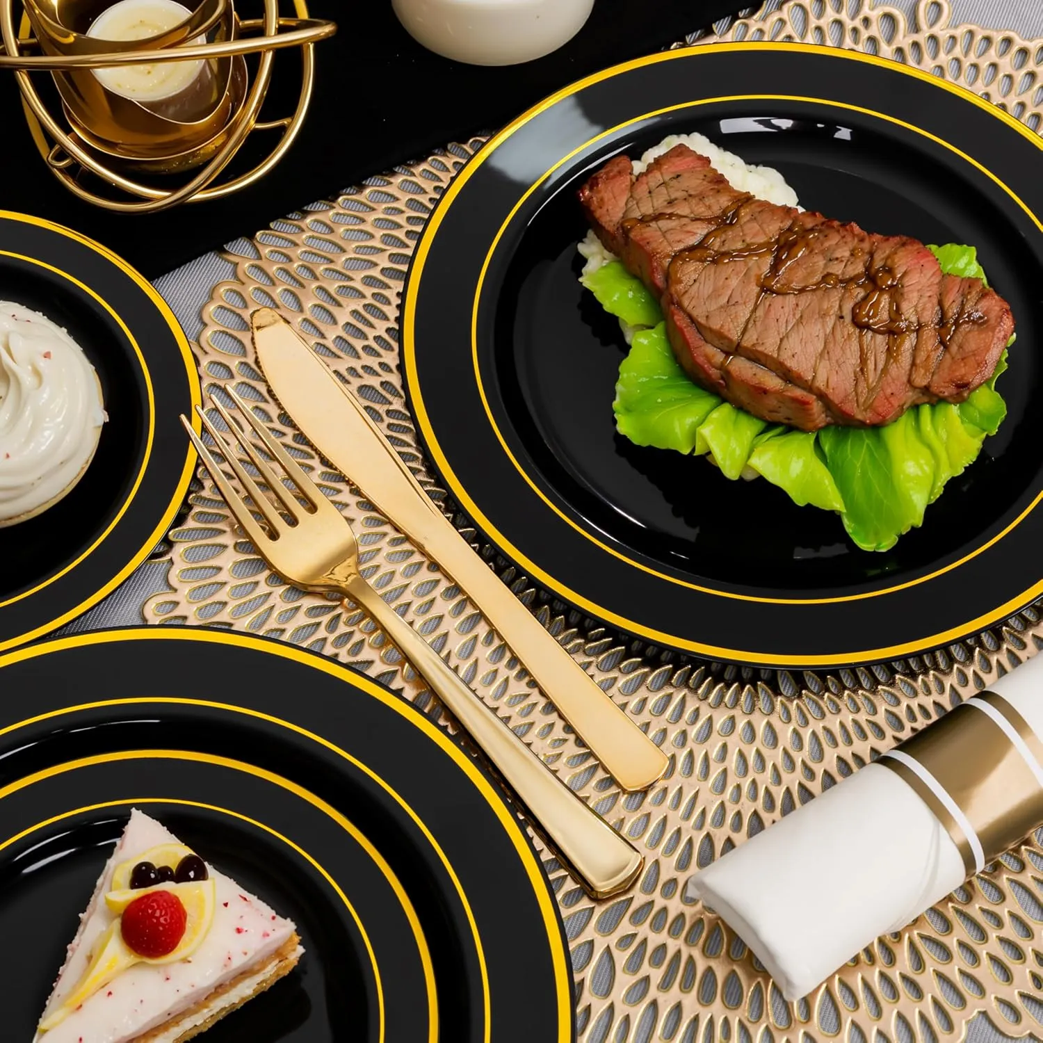 350 Pieces Black and Gold Plastic Plates with Disposable Silverware, Include 50 Dinner Plates 9”, 50 Dessert Plates 6.3”, 50 Black Cups 9 OZ, 50 Pre Rolled Napkins for new year
