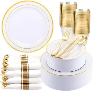 350Piece Gold Dinnerware Set for 50 Guests - Gold Plastic Plates with Disposable Cutlery Include:50Dinner Plates-50Dessert Plates-50Pre Rolled Napkins with Silverware for Father's Day