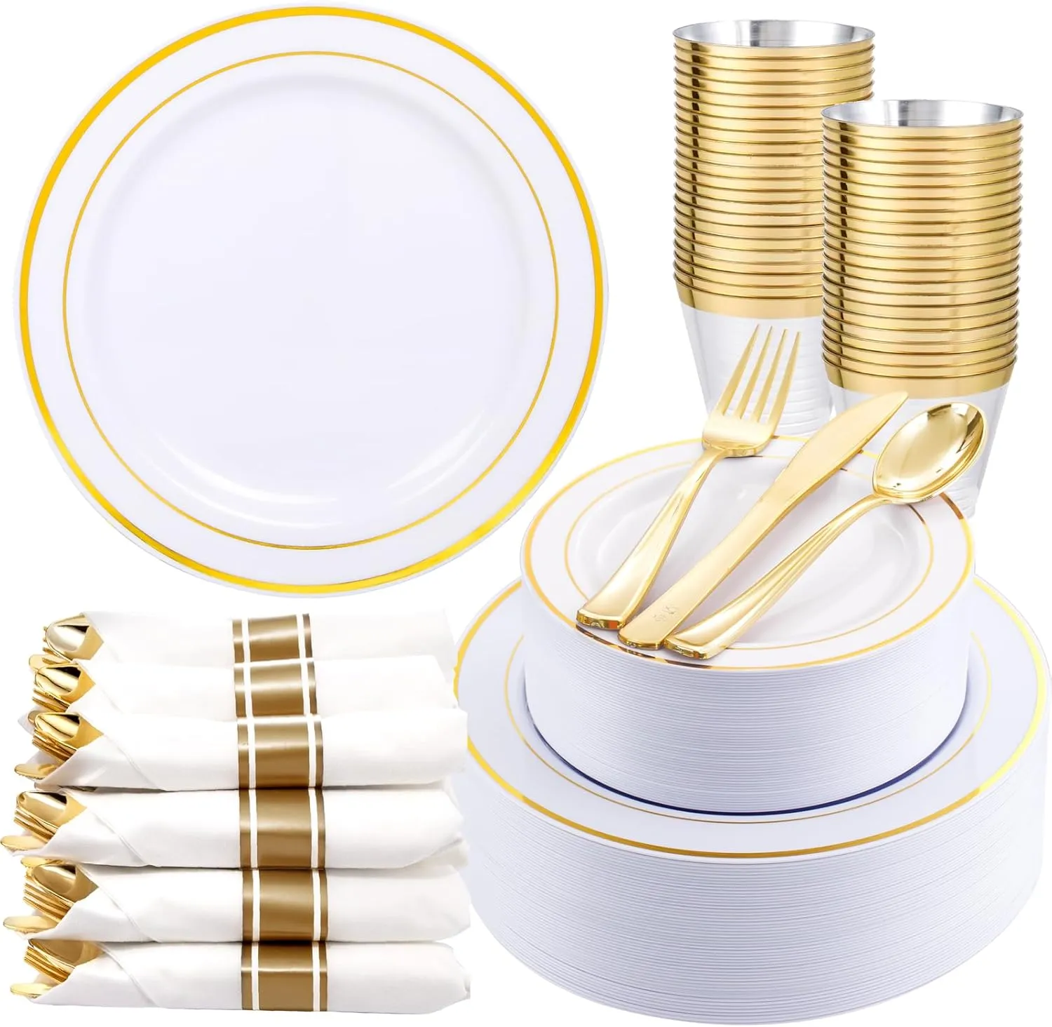 350Piece Gold Dinnerware Set for 50 Guests - Gold Plastic Plates with Disposable Cutlery Include:50Dinner Plates-50Dessert Plates-50Pre Rolled Napkins with Silverware for Father's Day