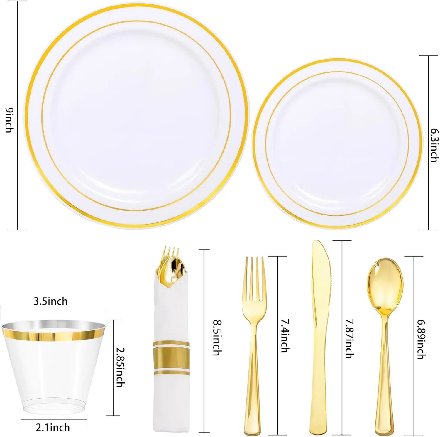350Piece Gold Dinnerware Set for 50 Guests - Gold Plastic Plates with Disposable Cutlery Include:50Dinner Plates-50Dessert Plates-50Pre Rolled Napkins with Silverware for Father's Day
