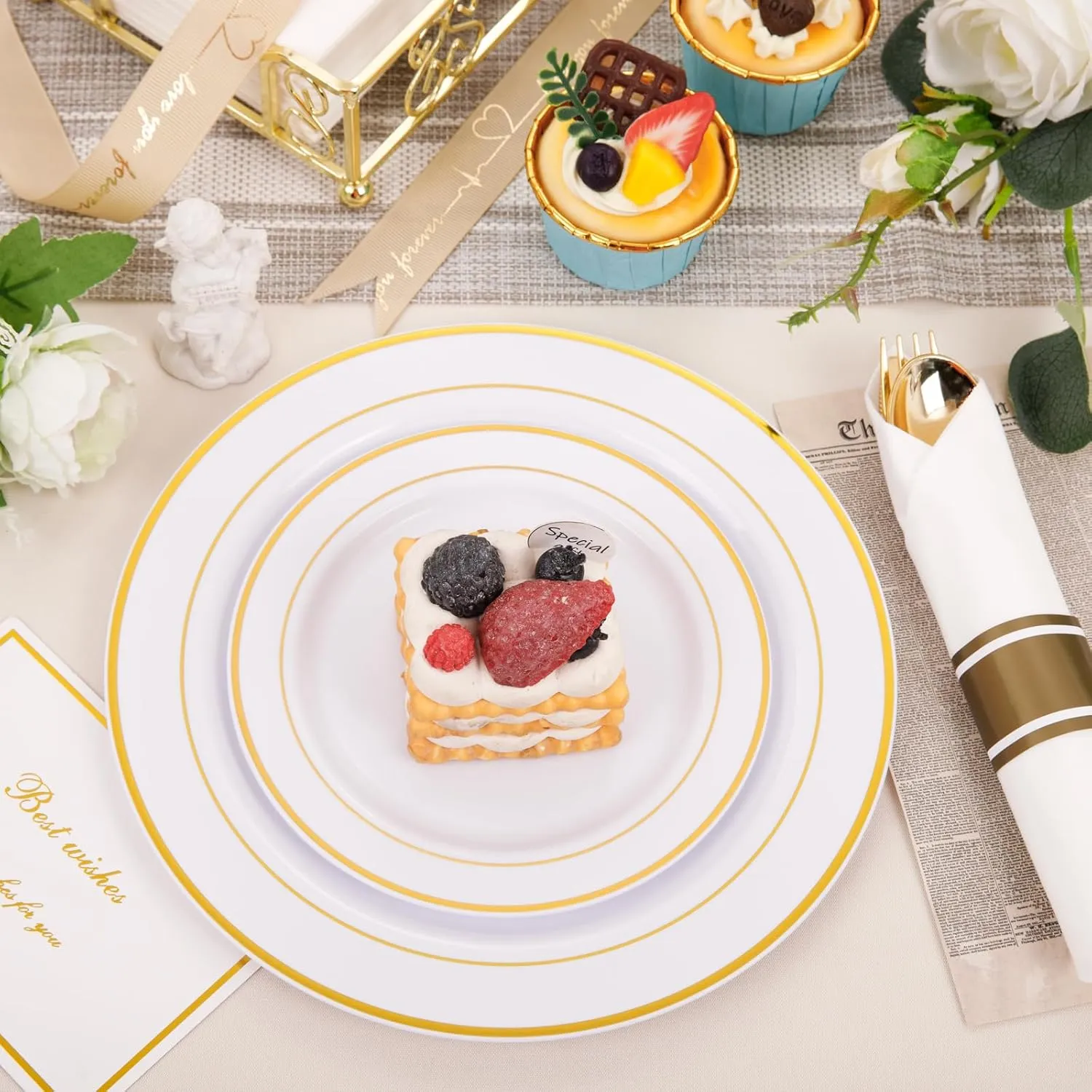 350Piece Gold Dinnerware Set for 50 Guests - Gold Plastic Plates with Disposable Cutlery Include:50Dinner Plates-50Dessert Plates-50Pre Rolled Napkins with Silverware for Father's Day