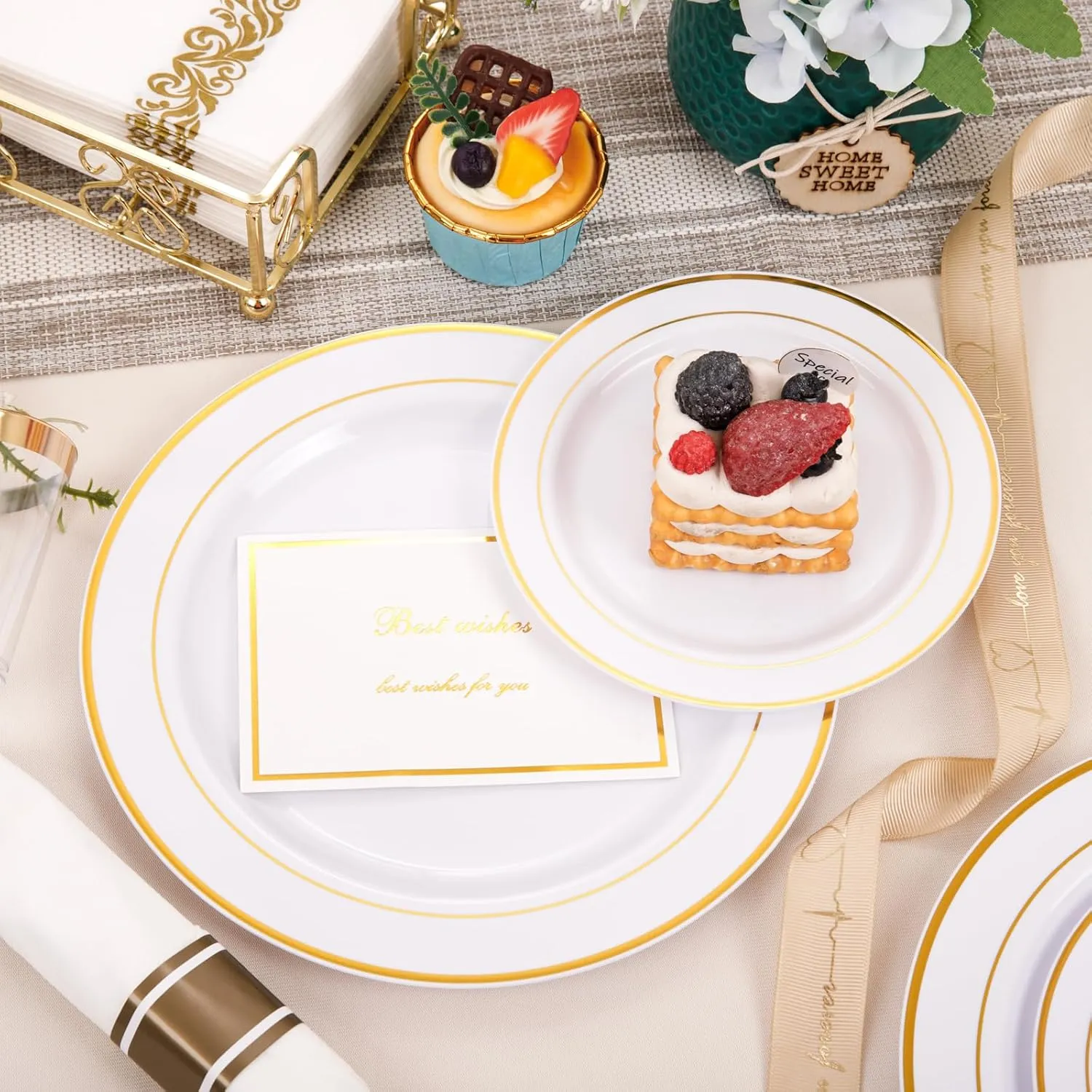 350Piece Gold Dinnerware Set for 50 Guests - Gold Plastic Plates with Disposable Cutlery Include:50Dinner Plates-50Dessert Plates-50Pre Rolled Napkins with Silverware for Father's Day