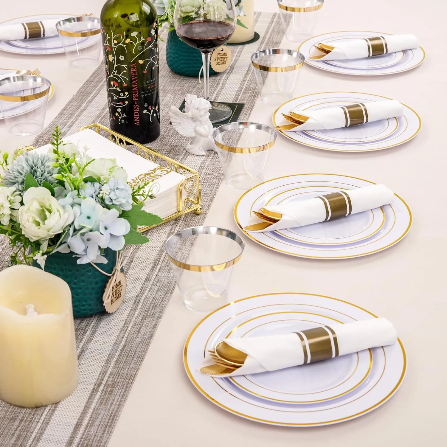 350Piece Gold Dinnerware Set for 50 Guests - Gold Plastic Plates with Disposable Cutlery Include:50Dinner Plates-50Dessert Plates-50Pre Rolled Napkins with Silverware for Father's Day