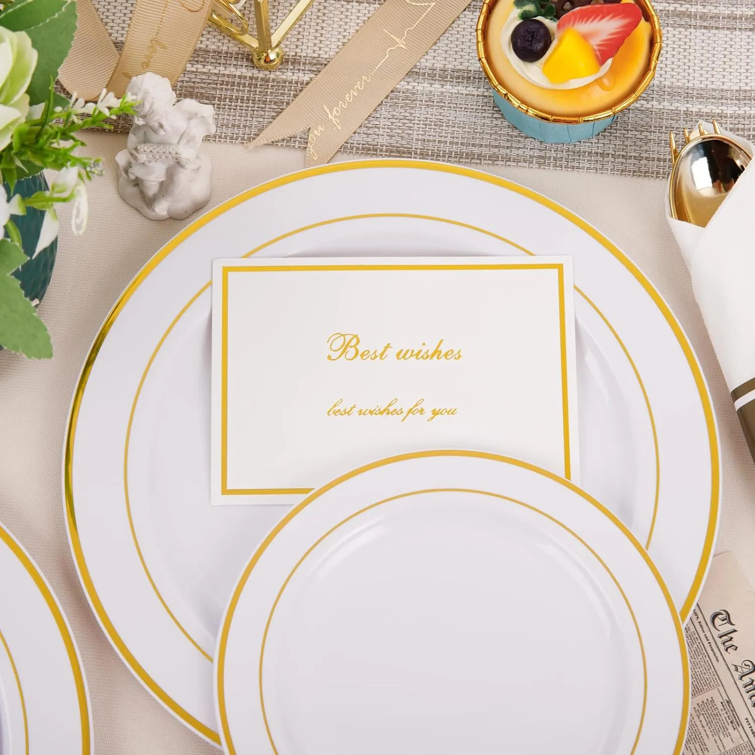 350Piece Gold Dinnerware Set for 50 Guests - Gold Plastic Plates with Disposable Cutlery Include:50Dinner Plates-50Dessert Plates-50Pre Rolled Napkins with Silverware for Father's Day