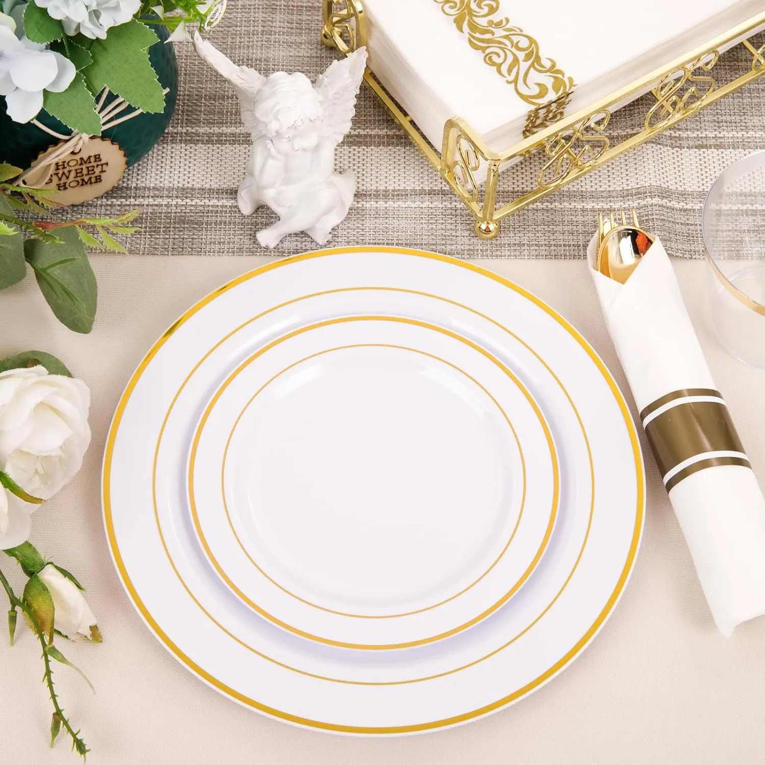 350Piece Gold Dinnerware Set for 50 Guests - Gold Plastic Plates with Disposable Cutlery Include:50Dinner Plates-50Dessert Plates-50Pre Rolled Napkins with Silverware for Father's Day