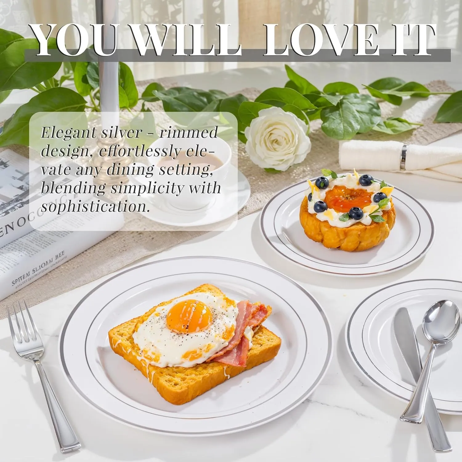 350Piece Silver Plastic Dinnerware Set for 50 Guests - Silver Plastic Plates with Cutlery Include:50Dinner Plates-50Dessert Plates-50Pre Rolled Napkins with Silverware