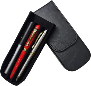 3Slots Leather Fountain Pen Case Collector Organizer - Handmade Pen Case Vintage Crazy Horse Print Leather Pen Protective Sleeve Cover Pen Storage Gift Box (Black)