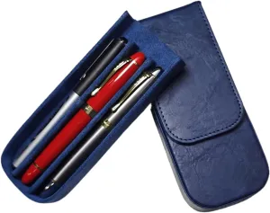 3Slots Leather Fountain Pen Case Collector Organizer - Handmade Pen Case Vintage Crazy Horse Print Leather Pen Protective Sleeve Cover Pen Storage Gift Box (Blue)
