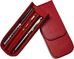 3Slots Leather Fountain Pen Case Collector Organizer - Handmade Pen Case Vintage Crazy Horse Print Leather Pen Protective Sleeve Cover Pen Storage Gift Box (Red)