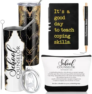 4 Pcs School Counselor Gifts Include 20oz Stainless Steel Tumbler Appreciation Makeup Bag Leather Notebook Thank You Pens End of School Gift for Educator Teacher(Black)