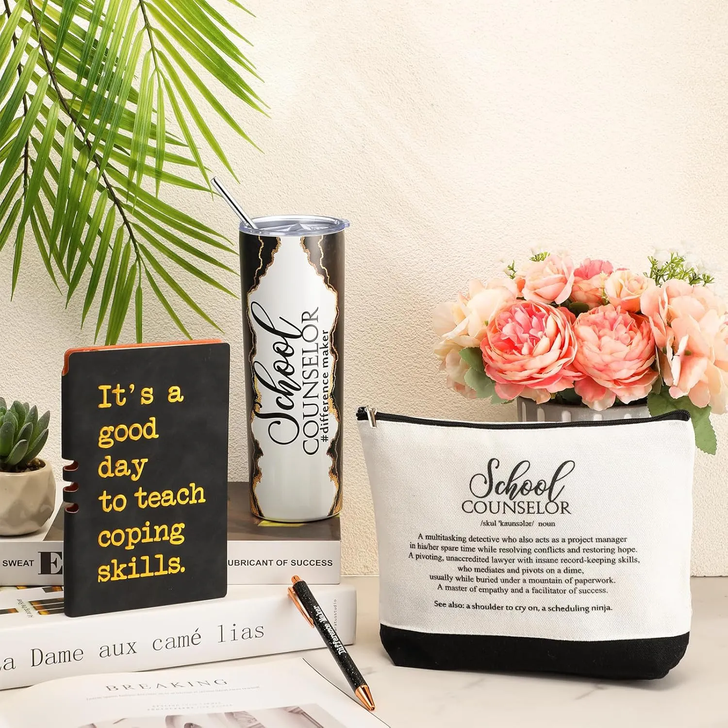 4 Pcs School Counselor Gifts Include 20oz Stainless Steel Tumbler Appreciation Makeup Bag Leather Notebook Thank You Pens End of School Gift for Educator Teacher(Black)