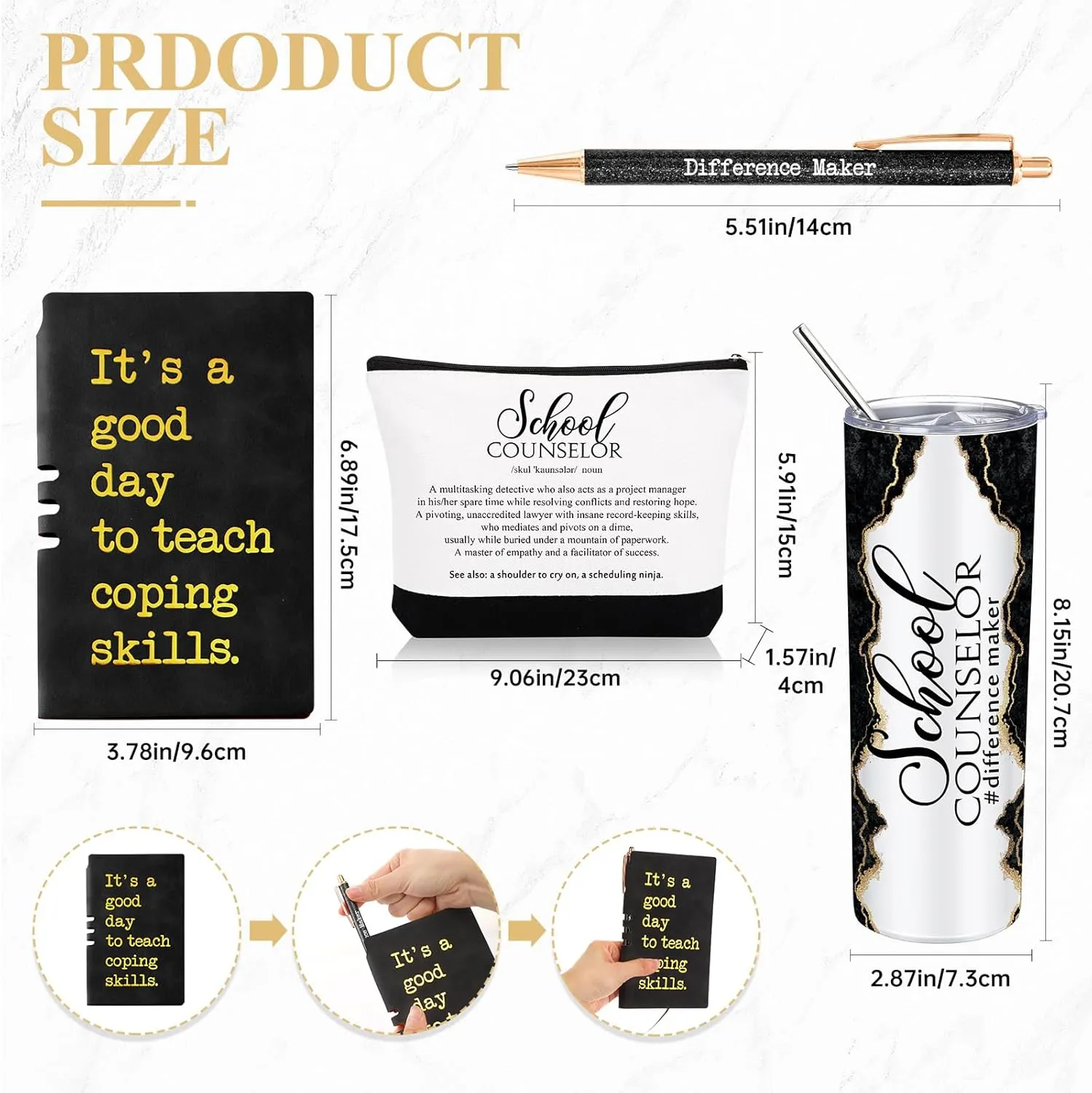 4 Pcs School Counselor Gifts Include 20oz Stainless Steel Tumbler Appreciation Makeup Bag Leather Notebook Thank You Pens End of School Gift for Educator Teacher(Black)