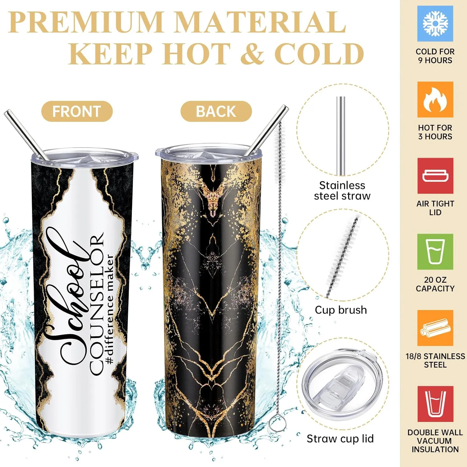 4 Pcs School Counselor Gifts Include 20oz Stainless Steel Tumbler Appreciation Makeup Bag Leather Notebook Thank You Pens End of School Gift for Educator Teacher(Black)