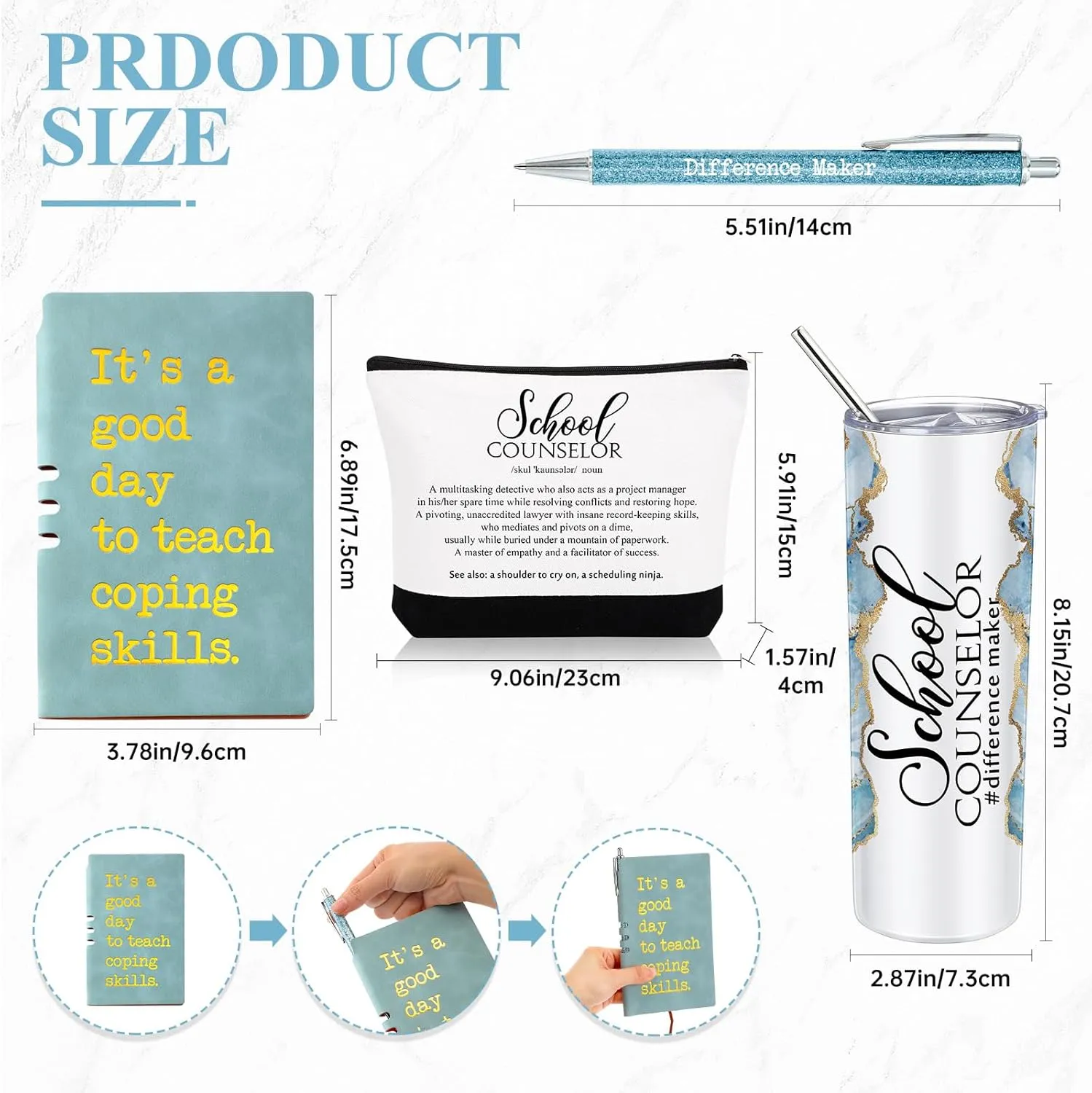 4 Pcs School Counselor Gifts Include 20oz Stainless Steel Tumbler Appreciation Makeup Bag Leather Notebook Thank You Pens End of School Gift for Educator Teacher(Blue)