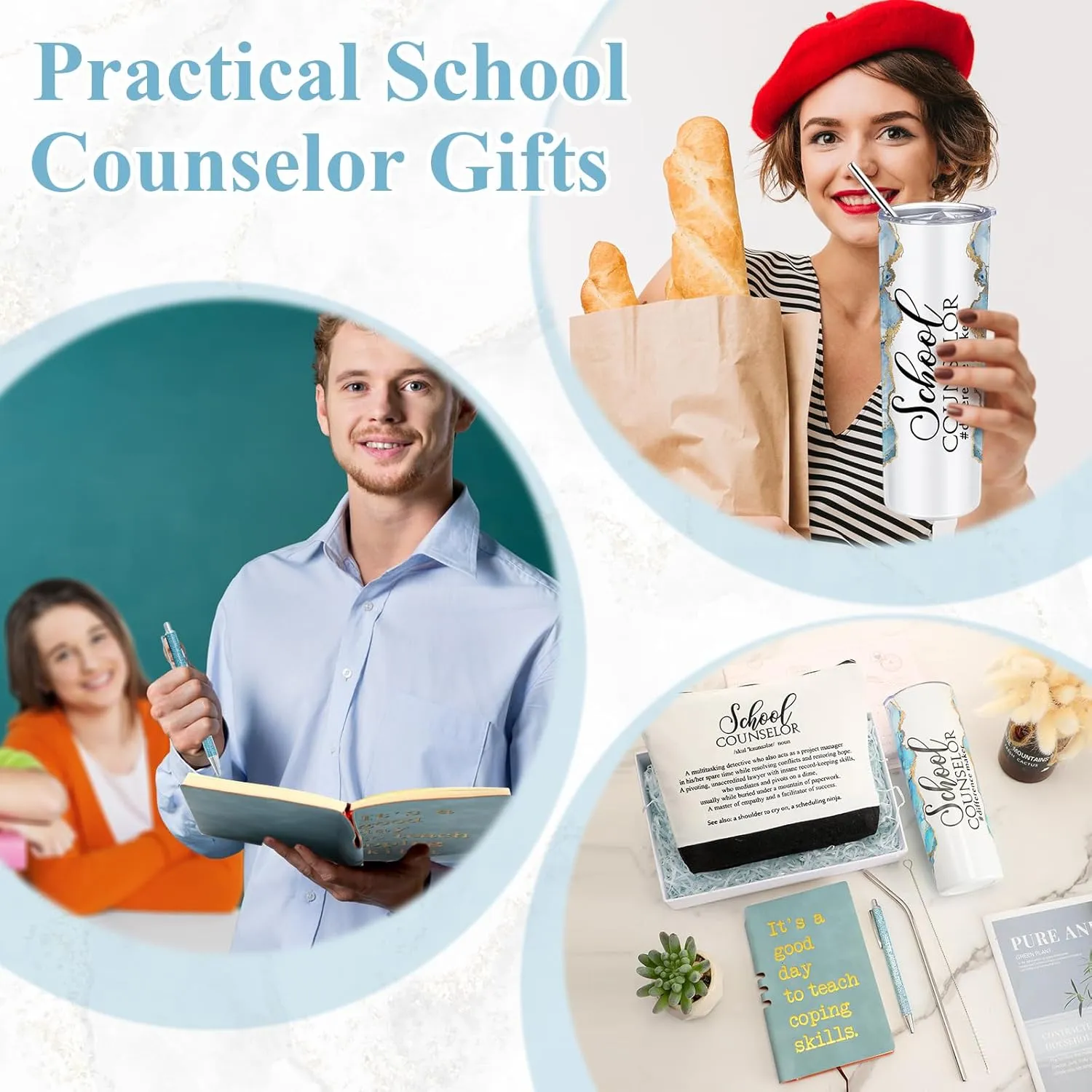 4 Pcs School Counselor Gifts Include 20oz Stainless Steel Tumbler Appreciation Makeup Bag Leather Notebook Thank You Pens End of School Gift for Educator Teacher(Blue)