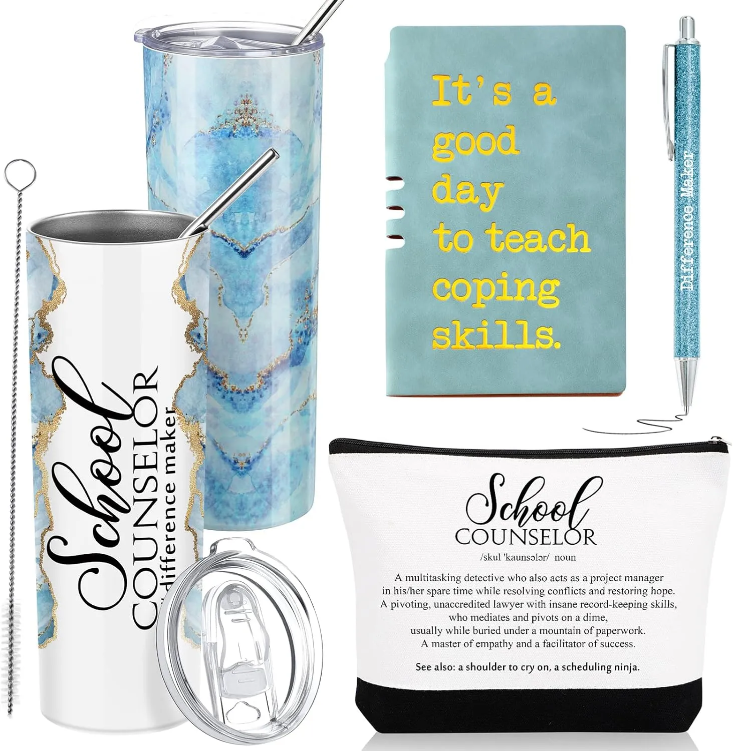 4 Pcs School Counselor Gifts Include 20oz Stainless Steel Tumbler Appreciation Makeup Bag Leather Notebook Thank You Pens End of School Gift for Educator Teacher(Blue)