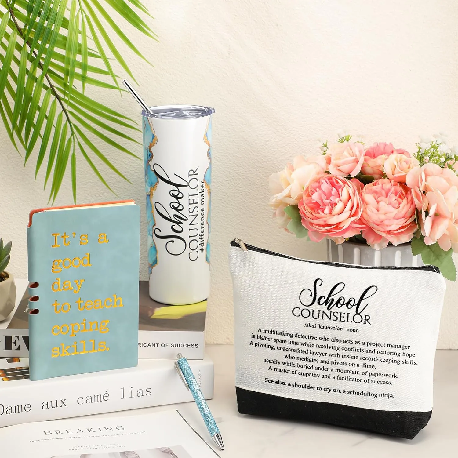 4 Pcs School Counselor Gifts Include 20oz Stainless Steel Tumbler Appreciation Makeup Bag Leather Notebook Thank You Pens End of School Gift for Educator Teacher(Blue)