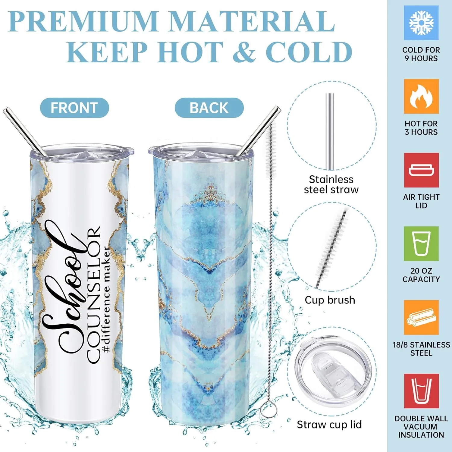 4 Pcs School Counselor Gifts Include 20oz Stainless Steel Tumbler Appreciation Makeup Bag Leather Notebook Thank You Pens End of School Gift for Educator Teacher(Blue)