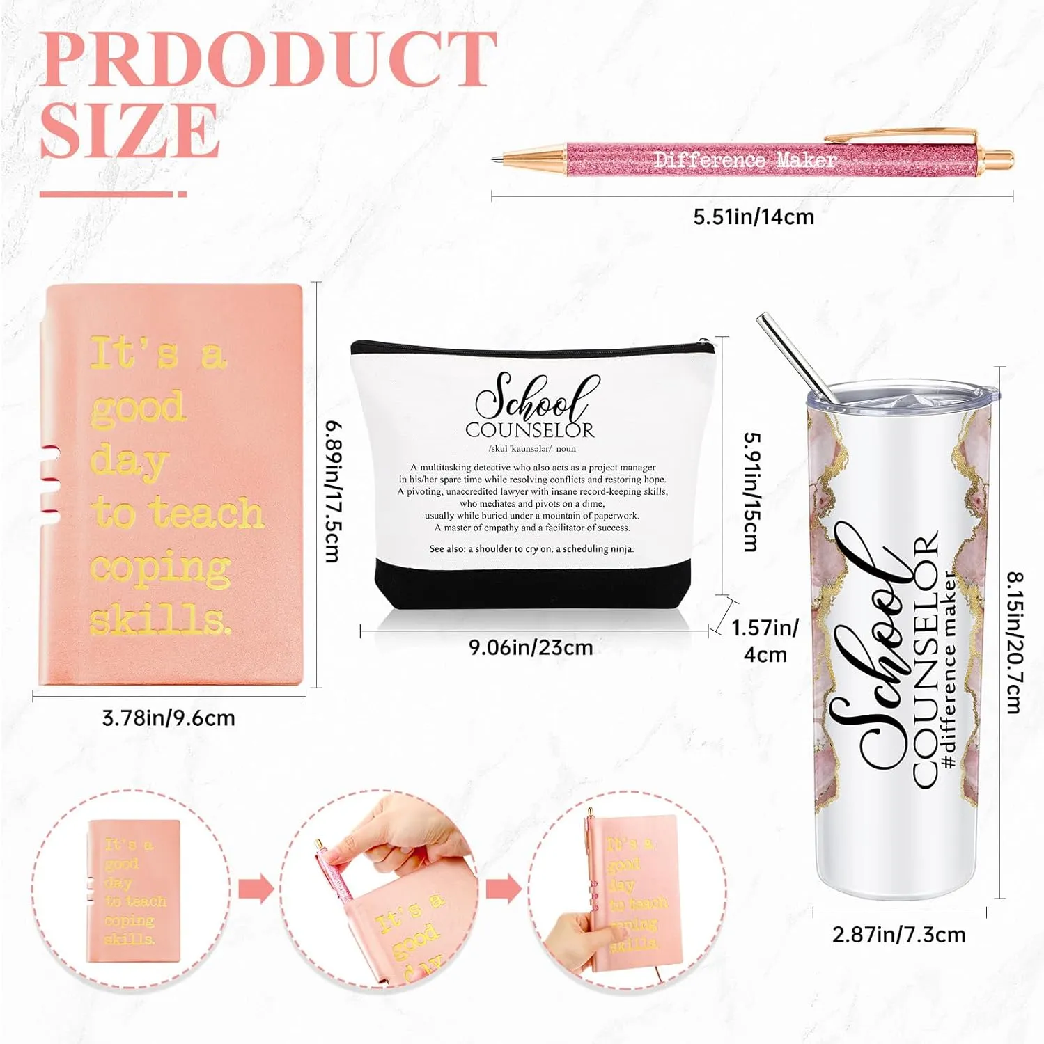4 Pcs School Counselor Gifts Include 20oz Stainless Steel Tumbler Appreciation Makeup Bag Leather Notebook Thank You Pens End of School Gift for Educator Teacher(Rose Gold)