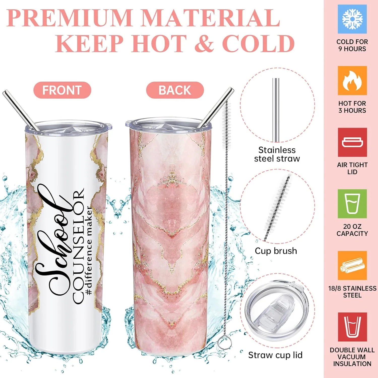 4 Pcs School Counselor Gifts Include 20oz Stainless Steel Tumbler Appreciation Makeup Bag Leather Notebook Thank You Pens End of School Gift for Educator Teacher(Rose Gold)