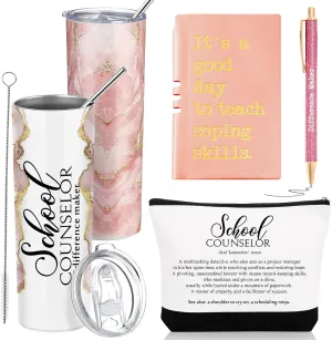 4 Pcs School Counselor Gifts Include 20oz Stainless Steel Tumbler Appreciation Makeup Bag Leather Notebook Thank You Pens End of School Gift for Educator Teacher(Rose Gold)