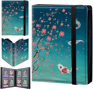4 Pocket Card Binder with Cherry Blossom and Fish Pattern, 400 Cards Slot, Faux Leather Material, 7.5 x 8.3 x 2.7 in