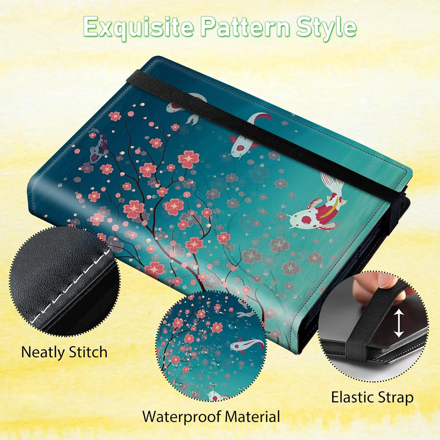 4 Pocket Card Binder with Cherry Blossom and Fish Pattern, 400 Cards Slot, Faux Leather Material, 7.5 x 8.3 x 2.7 in