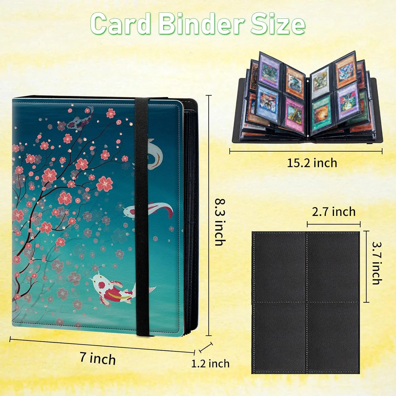 4 Pocket Card Binder with Cherry Blossom and Fish Pattern, 400 Cards Slot, Faux Leather Material, 7.5 x 8.3 x 2.7 in