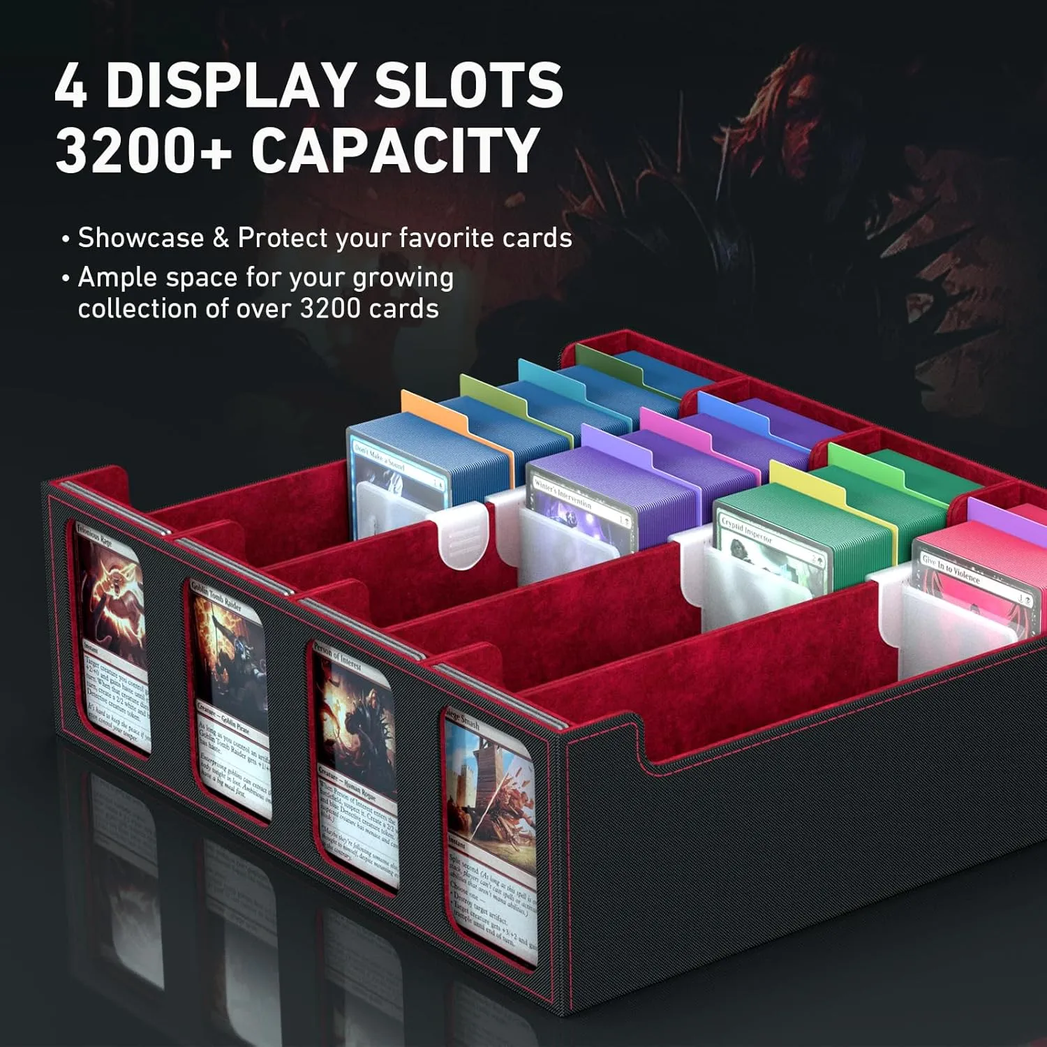 4-Row Trading Card Storage Box, Bulk Cards Case for 3200  Mtg tcg Magic Playing Game Card Organizer, Commander Deck Box with 4 Supports & 24 Dividers & Strap & 101 Sleeves