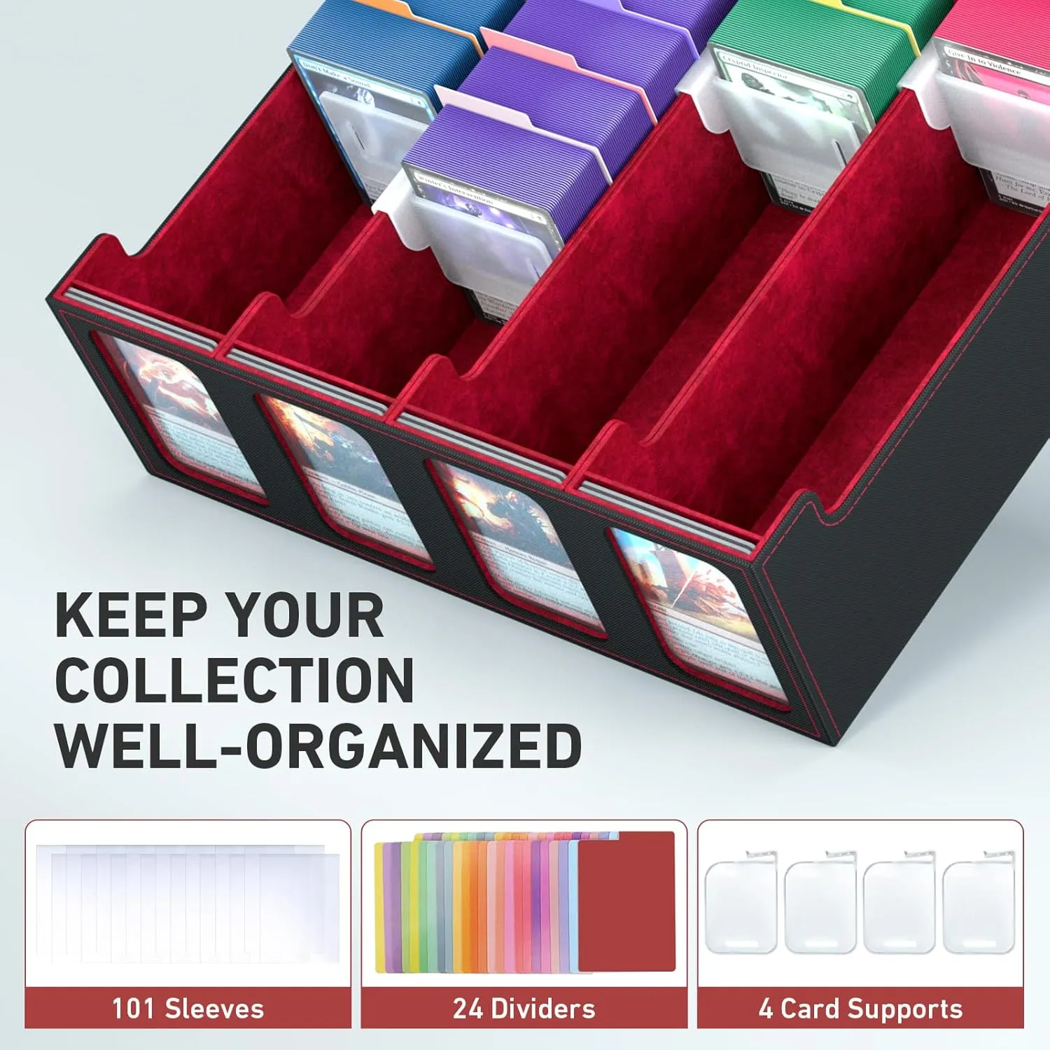 4-Row Trading Card Storage Box, Bulk Cards Case for 3200  Mtg tcg Magic Playing Game Card Organizer, Commander Deck Box with 4 Supports & 24 Dividers & Strap & 101 Sleeves
