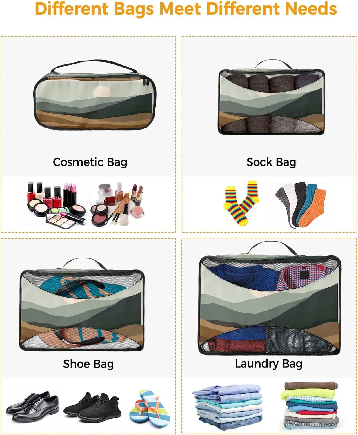 4 Set Packing Cubes - Abstract Distant Mountain Sunset Landscape Packing Cubes for Carry on Suitcase Lightweight Travel Essential Bag for Clothes Shoes Cosmetics Toiletry