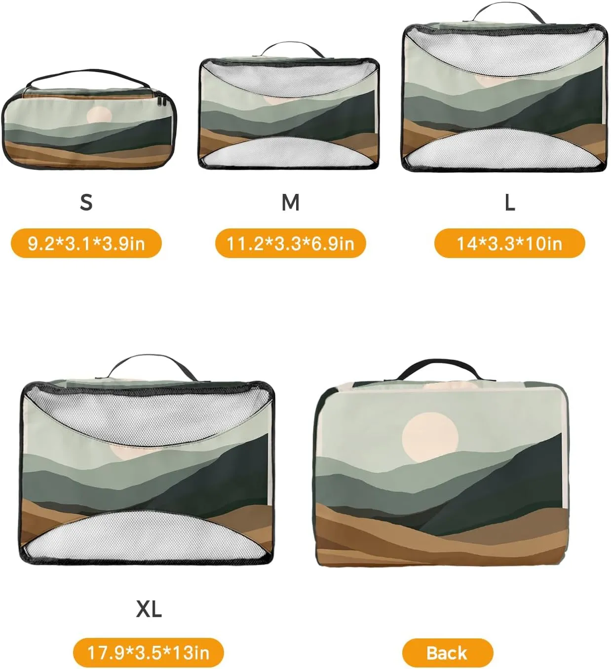 4 Set Packing Cubes - Abstract Distant Mountain Sunset Landscape Packing Cubes for Carry on Suitcase Lightweight Travel Essential Bag for Clothes Shoes Cosmetics Toiletry