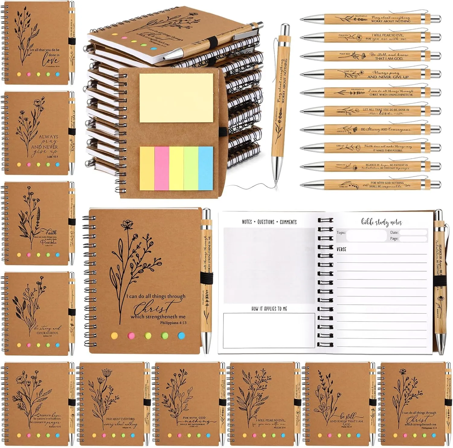 40 Pcs Christian Gifts Bulk Father's Day Church Gifts Prayer Journal Aesthetic Religious Spiral Notebooks with Sticky Notes Bible Verse Pens for Men Women Sunday School (Study Page Style)