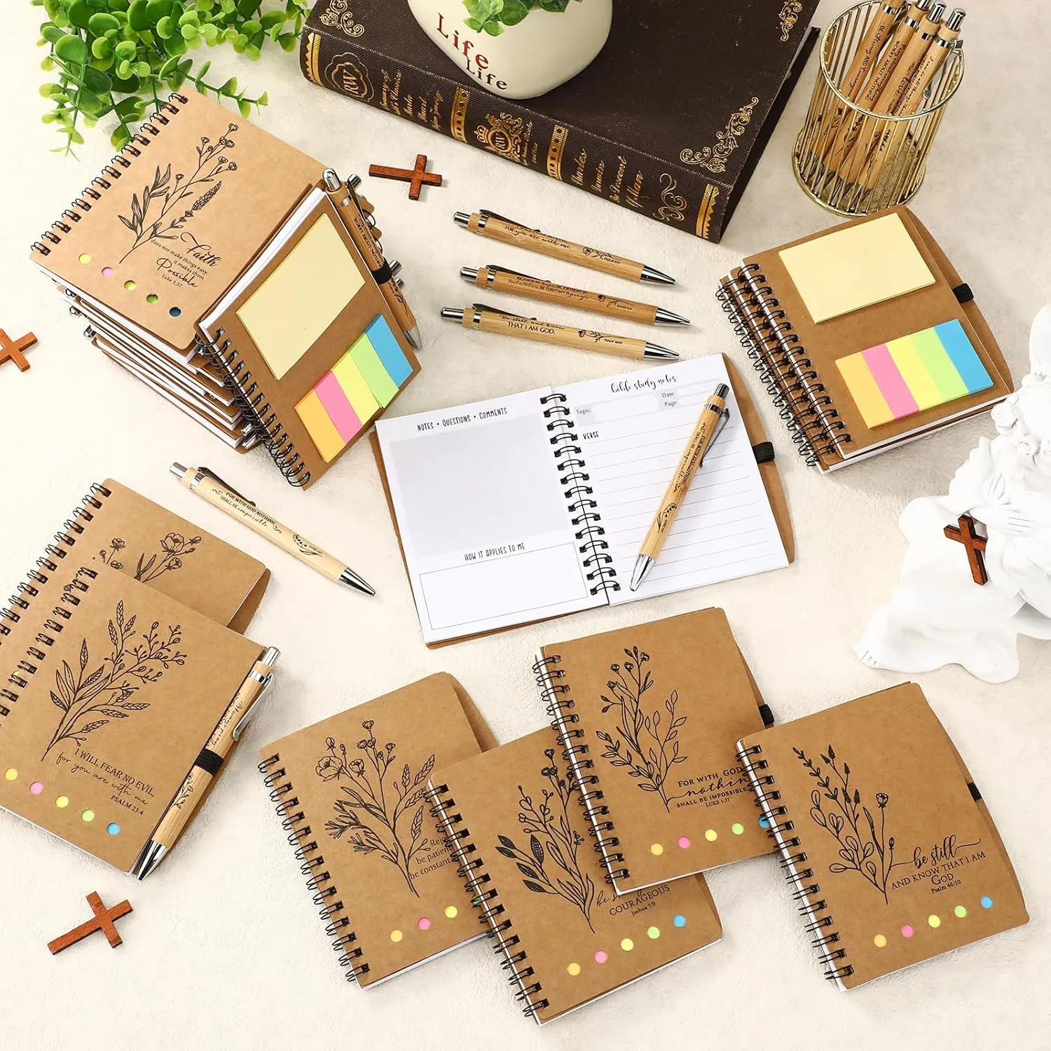 40 Pcs Christian Gifts Bulk Father's Day Church Gifts Prayer Journal Aesthetic Religious Spiral Notebooks with Sticky Notes Bible Verse Pens for Men Women Sunday School (Study Page Style)