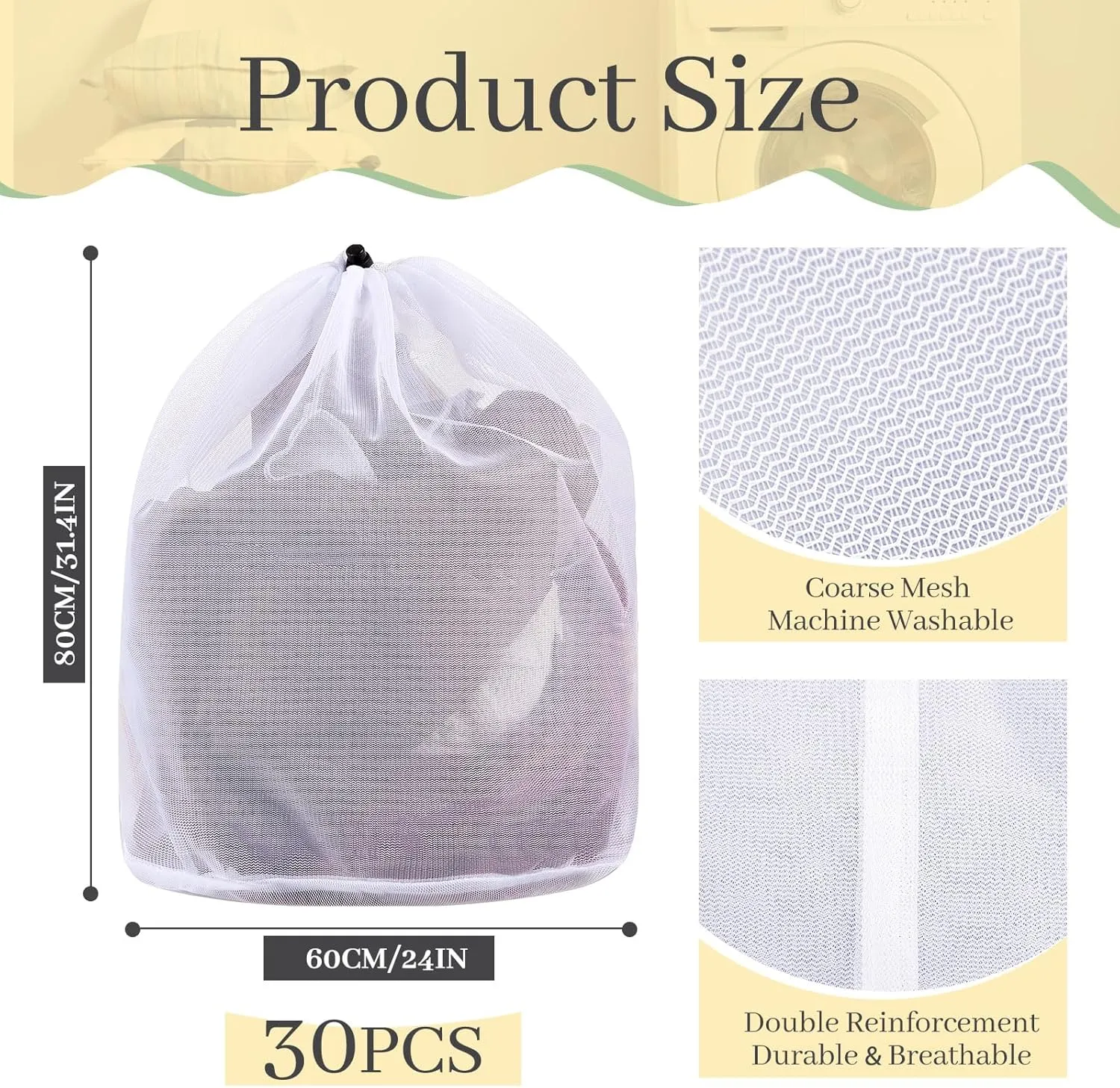 48 Pcs Fine Mesh Laundry Net with Drawstring - Heavy Duty White Mesh Bags - Machine Washable - X-Large for Delicates, College Dorm