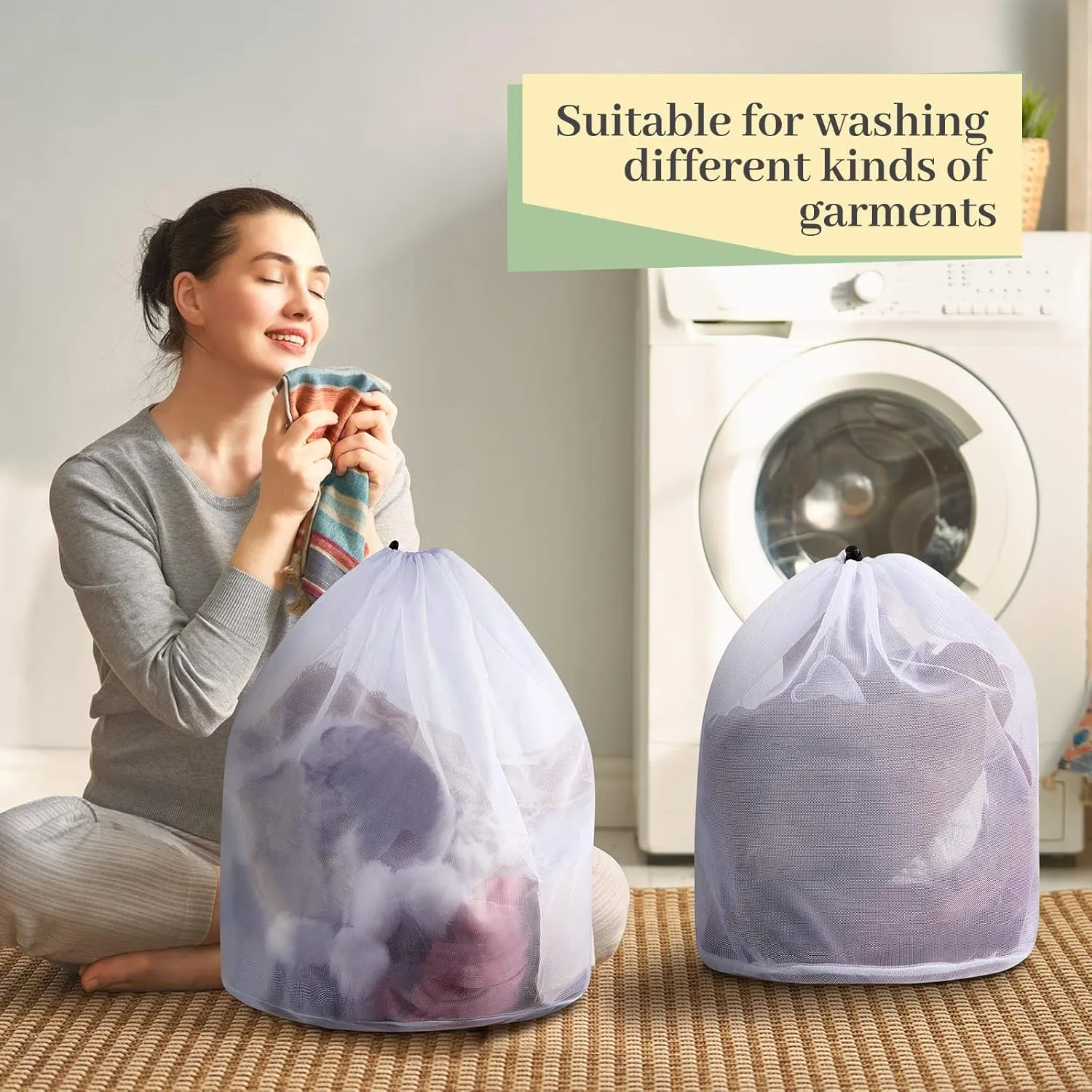 48 Pcs Fine Mesh Laundry Net with Drawstring - Heavy Duty White Mesh Bags - Machine Washable - X-Large for Delicates, College Dorm