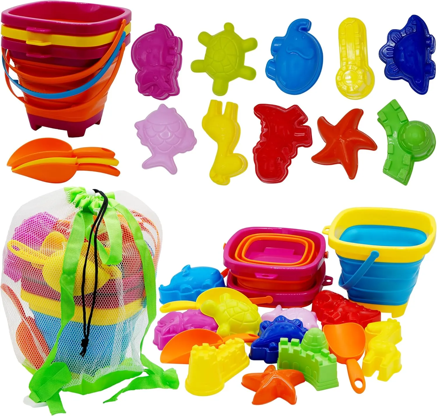 4E's Novelty 17 Pcs Beach Toys for Kids Travel - Sandcastle Building Kit 3 Collapsible Beach Bucket, 3 Shovels, 10 Sand Molds & Mesh Beach Bag