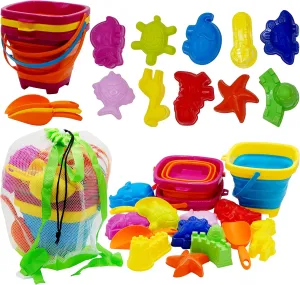 4E's Novelty 17 Pcs Beach Toys for Kids Travel - Sandcastle Building Kit 3 Collapsible Beach Bucket, 3 Shovels, 10 Sand Molds & Mesh Beach Bag