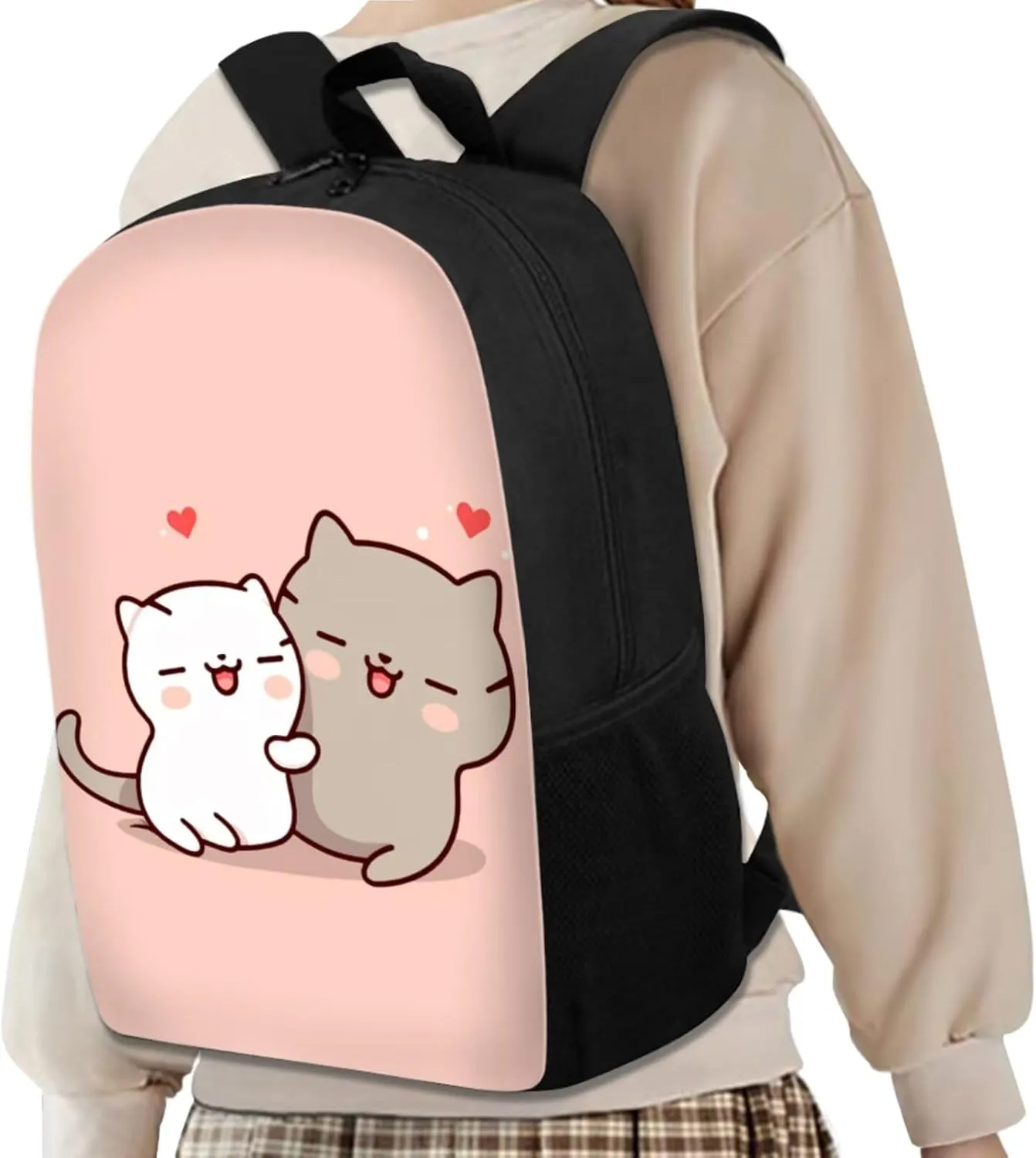 4PCS Backpack Sets for School Pink Cat Bookbags for 6th Grade Girls Trendy Backpacks with Lunch Box Water Bottle Holder and Pencil Holder for Elementary Students Gifts