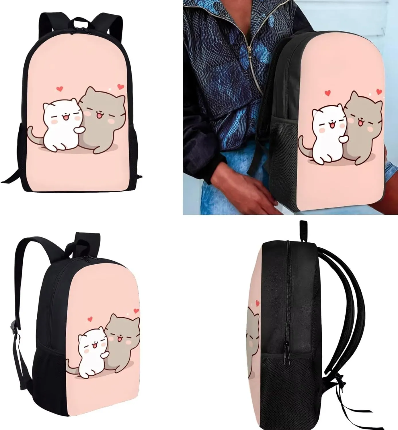 4PCS Backpack Sets for School Pink Cat Bookbags for 6th Grade Girls Trendy Backpacks with Lunch Box Water Bottle Holder and Pencil Holder for Elementary Students Gifts
