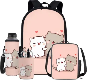 4PCS Backpack Sets for School Pink Cat Bookbags for 6th Grade Girls Trendy Backpacks with Lunch Box Water Bottle Holder and Pencil Holder for Elementary Students Gifts